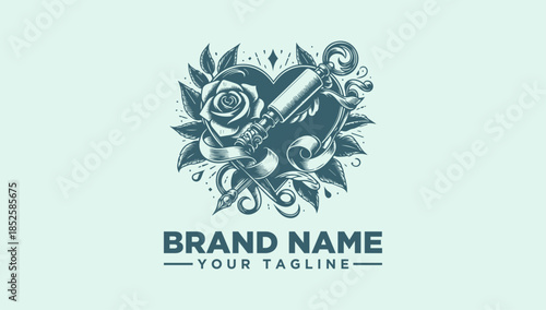 Teal logo design featuring a rose and pencil on a light green background with brand name and tagline placeholder text.