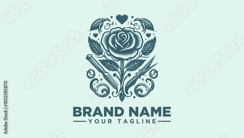 Vintage floral logo illustration of a rose with scissors, vector art for branding and design