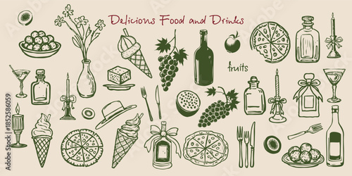 Sketch Doodles Food and Drinks Set. Pencil or Chalk Drawings of Food, Bottle, Ice Cream, Plate, Cutlery, Fruits. Charcoal Vector Drawn Sketch for Wedding, Invitation, Party and Menus Design. 