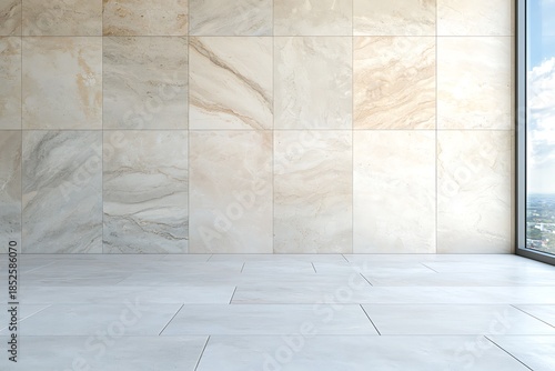 Modern Minimalist Interior Space with Marble Wall and Large Window Overlooking Cityscape