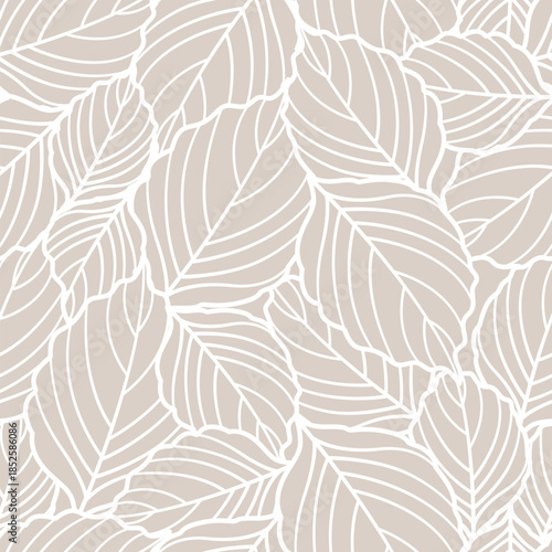 Floral Seamless Pattern Line Art Minimalist Style. Outline Leaves Vector Background. Leaf Botanical Wallpaper Design. Minimalistic Floral Print Template for Textile and Fabric Design