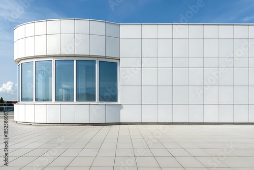 Modern Architectural Facade with Curved Window and Minimalist Design Against Clear Sky