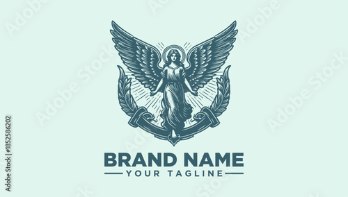 Elegant Angel Emblem Logo Vector Illustration with Wings and Laurel Wreath