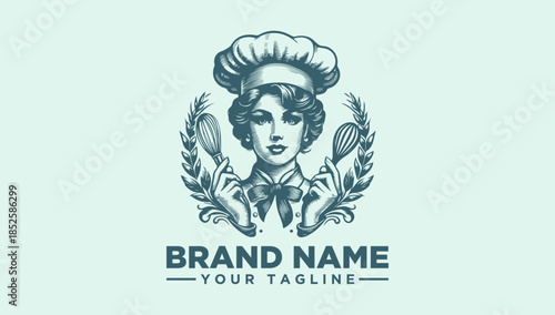 Vintage Chef Logo Vector Illustration of a Woman Baker with Utensils and Wreath