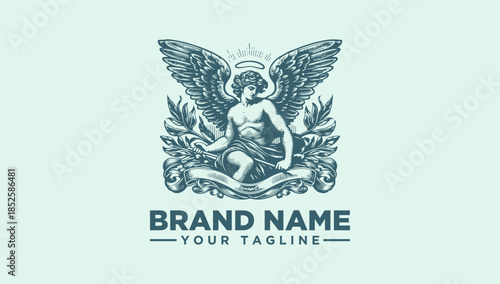 Vector logo illustration of an angel with wings and a laurel wreath, perfect for branding and design