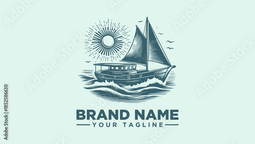 Vintage Sailing Boat Logo Vector Illustration with Sun Rays and Ocean Waves. Classic Marine Adventure Travel Emblem Graphic Design