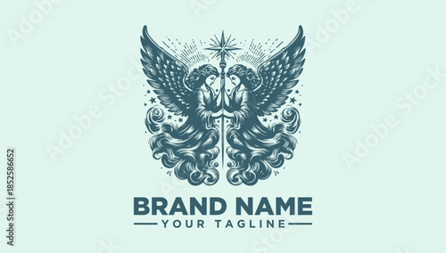 Ornate vintage winged guardians logo vector illustration featuring a sword and starburst. Majestic mythological design perfect for brand identity