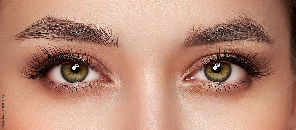 Obraz premium Beautiful female eyes with long eyelashes. Eyelash extensions. Makeup, cosmetics, beauty. Close up, macro