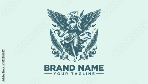 Vintage Angel with Quill Logo Vector Illustration - Elegant Heraldic Goddess Design Template for Branding and Art Projects