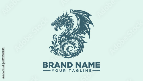 Ornate Eastern Dragon Logo Vector Illustration with Majestic Wings and Intricate Details, Ideal for Gaming, Esports, and Powerful Branding