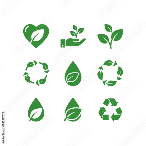 Nine green icons symbolizing ecological protection, natural growth, water conservation, and recycling on a white background.