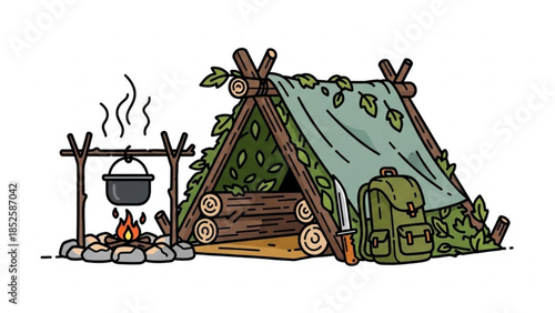 Wilderness Survival Camp Lean-to Shelter Campfire Cooking Pot Backpack Knife Cartoon Isolated on White