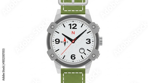 Compass Wristwatch with Olive Green Strap Isolated on White Vector Illustration