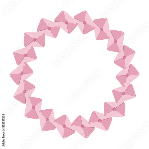 Circular Valentine illustration with pink envelopes sealed by hearts forming a wreath on pastel blue. Sweet romantic design for cards, decor, invitations and festive themes