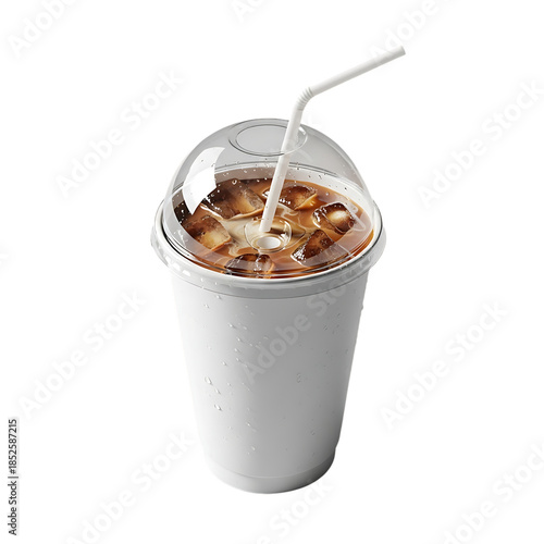 Iced Coffee in Disposable Cup with Straw Isolated on Transparent Background