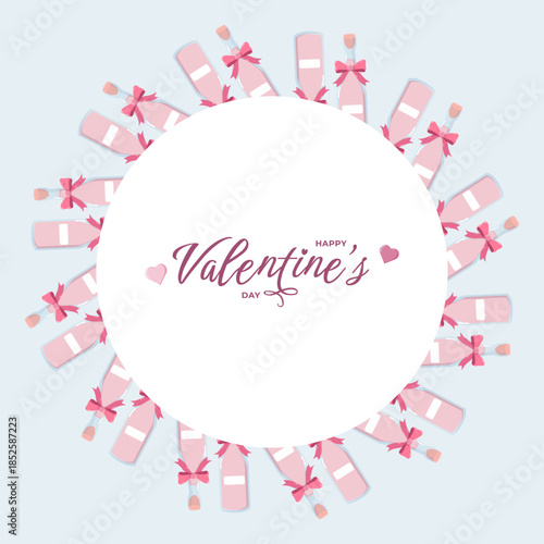 Circular Valentine illustration with pink champagne bottles and bows around Happy Valentine s Day text on pastel blue. Festive romantic design for cards, decor, invitations and party themes