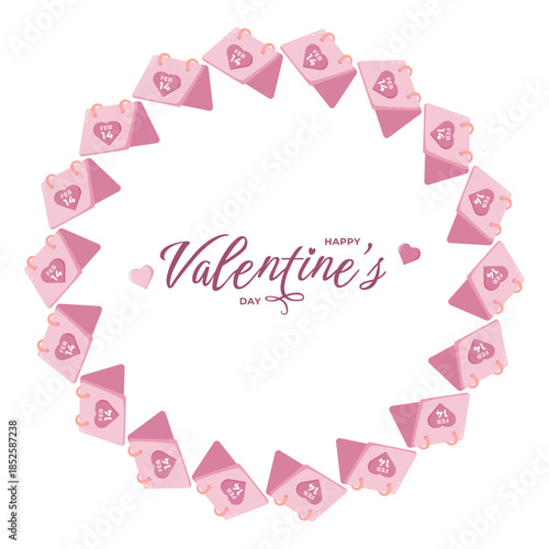 Circular Valentine illustration with pink FEB 14 calendars and Happy Valentine s Day text on pastel blue. Festive romantic design for cards, decor, invitations and party themes