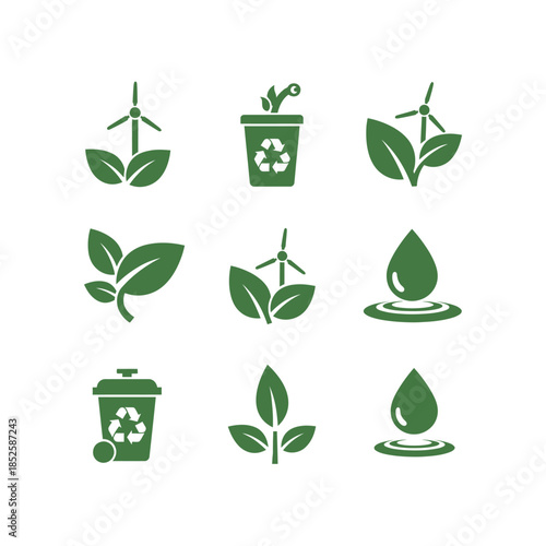 A set of nine green environmental icons depicting renewable energy, recycling, nature, and water conservation themes.