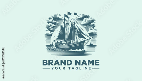 Vintage sailing ship vector illustration logo for a maritime brand, evoking nautical adventure and tradition