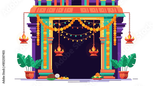 A colorful illustration of a decorated temple entrance with hanging lamps and plants on either side for a festive event.