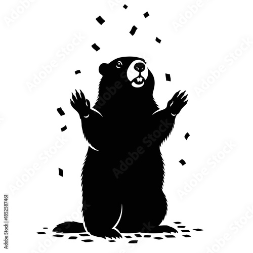 A black bear illustration stands on its hind legs, throwing confetti in celebration.