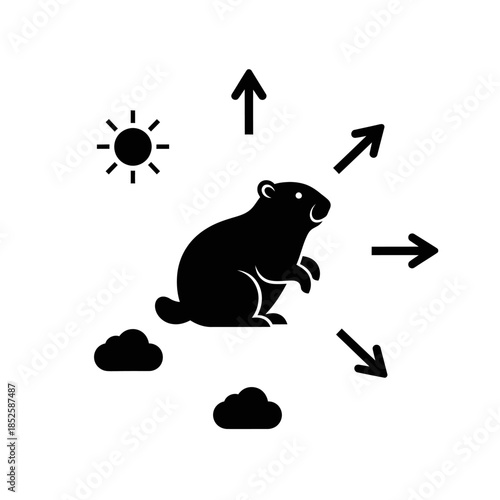 A black silhouette of a marmot sitting under the sun with clouds and arrows around it.