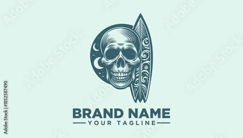 Mystical skull and surfboard logo vector illustration, capturing the essence of ocean waves and surf culture
