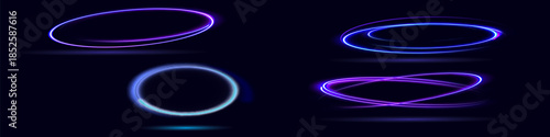 Neon swirl. Curve blue line light effect. Abstract ring background with glowing swirling background. Energy flow tunnel. Blue portal, platform. Magic circle vector.
