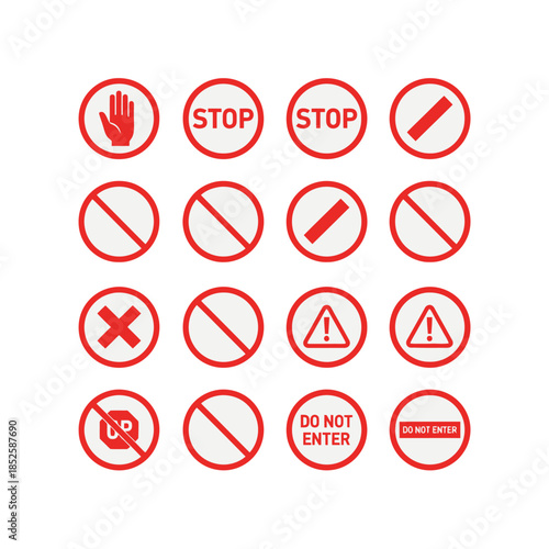 Grid of red and white vector icons representing stop, warning, prohibition, and cancellation symbols.