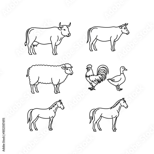Simple black outline illustrations featuring a collection of common farm animals on a white background.
