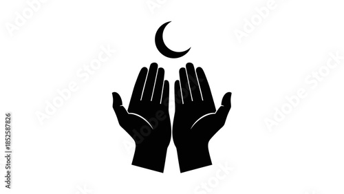 A pair of hands with palms facing upwards reaching for a crescent moon in the night sky with a sense of hope.
