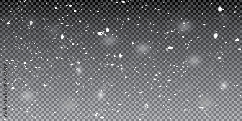 Snow falling on transparent background. Vector realistic illustration of blurred sparkling snowflakes flying in air, winter holiday snowfall. 