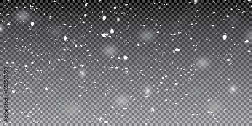 Snow falling on transparent background. Vector realistic illustration of blurred sparkling snowflakes flying in air, winter holiday snowfall. 