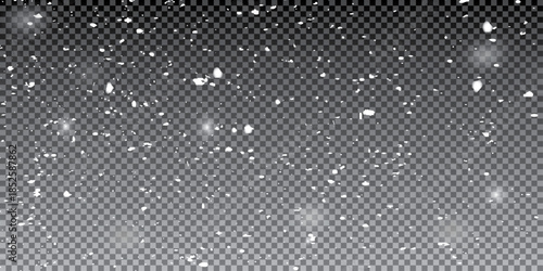 Snowfall Background With White Falling Snowflakes And Soft Winter Overlay Effect On Transparent Design For Holiday And Seasonal Projects. Vector Illustration. 