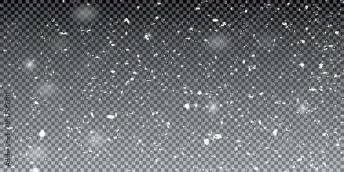 Snowfall Background With White Falling Snowflakes And Soft Winter Overlay Effect On Transparent Design For Holiday And Seasonal Projects. Vector Illustration. 