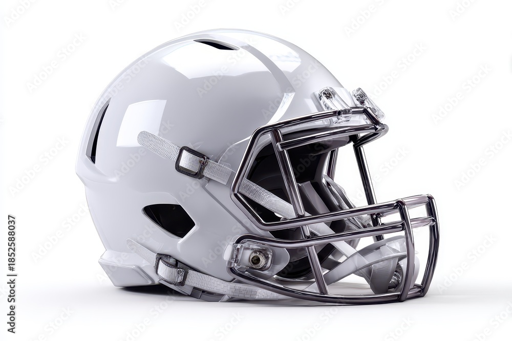 Fototapeta premium Modern American football helmet displayed on a white background designed for optimal safety and performance during gameplay and training in various weather conditions