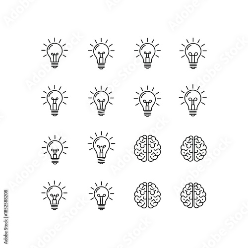 A collection of illuminated light bulb icons and detailed human brain illustrations, representing creativity, intelligence, and innovative thinking.