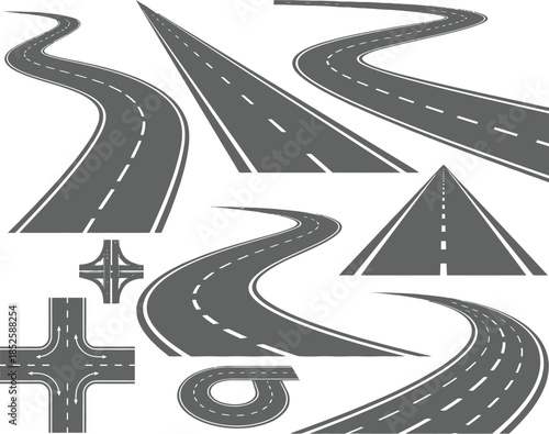 Set of winding roads and highway perspective elements with white markings isolated on white background.