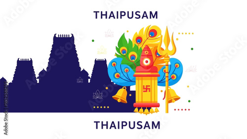 Vibrant Thaipusam illustration features a golden kavadis decorated with colorful peacock feathers and trident, set against a temple backdrop.