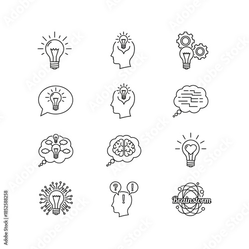 A collection of line art icons depicting various concepts of ideas, thinking, creativity, and brainstorming processes.