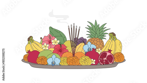 Vibrant still life illustration of a fruit and flower arrangement with incense sticks on a decorative plate