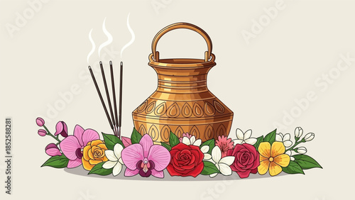 A colorful floral arrangement surrounds a traditional Asian bronze pot with burning incense sticks.