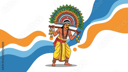 A traditional Indian dancer performs with a colorful peacock headdress and ornate costume on stage.