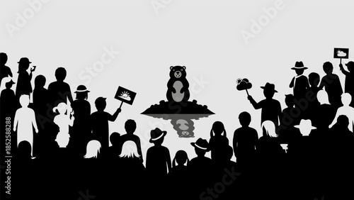 People gather around a bear statue on an island in the water with flags and cameras.