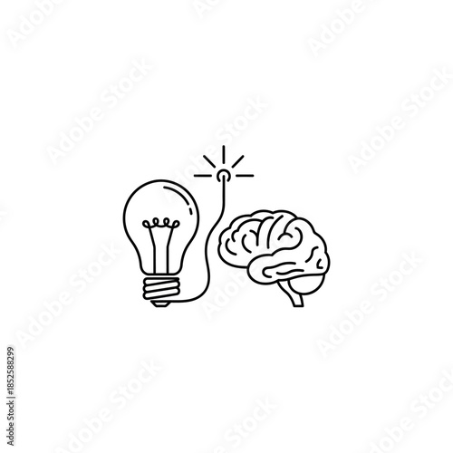 Minimalist line art illustration depicting a glowing light bulb connected to a human brain, symbolizing a new idea or creative thought.