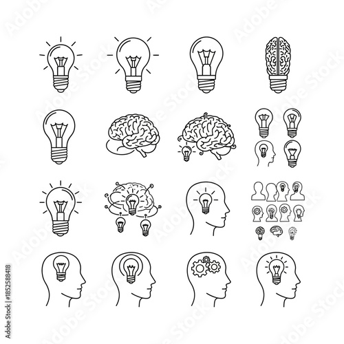 A collection of line art icons illustrating concepts of ideas, thinking, creativity, and innovation with lightbulbs and human brains.
