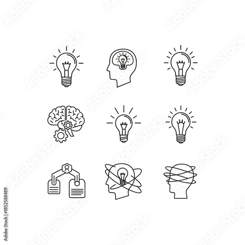 Collection of line art icons depicting ideas, thinking, innovation, and problem-solving concepts.