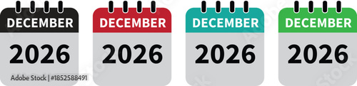 December 2026 calendar in four different colors. 2026 december calendar icon set in colorful . december month flat calender icon set isolated on white background