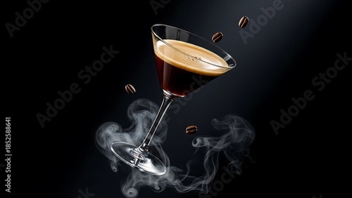 Smoky espresso martini on dark background.