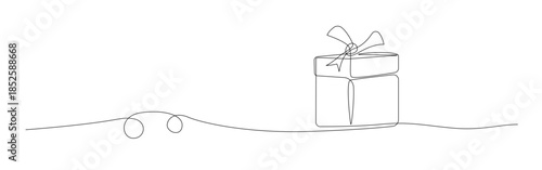 Single line drawing of a gift icon with ribbon vector illustration design
